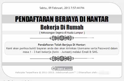 Screenshot Pendaftaran Berjaya di Jobdirumah.com